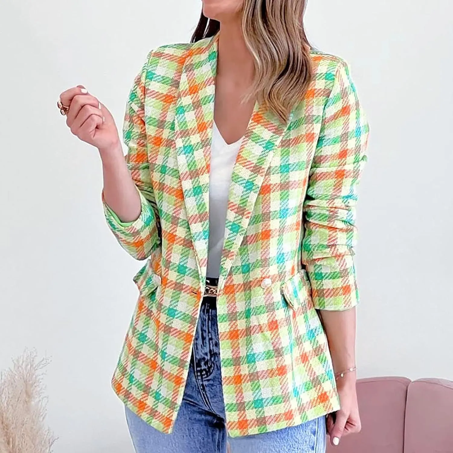 Women Casual Blazer Jacket Twill Plaid Blazers Long Sleeve Double Breasted Open Front Colorful Office Work Clothes