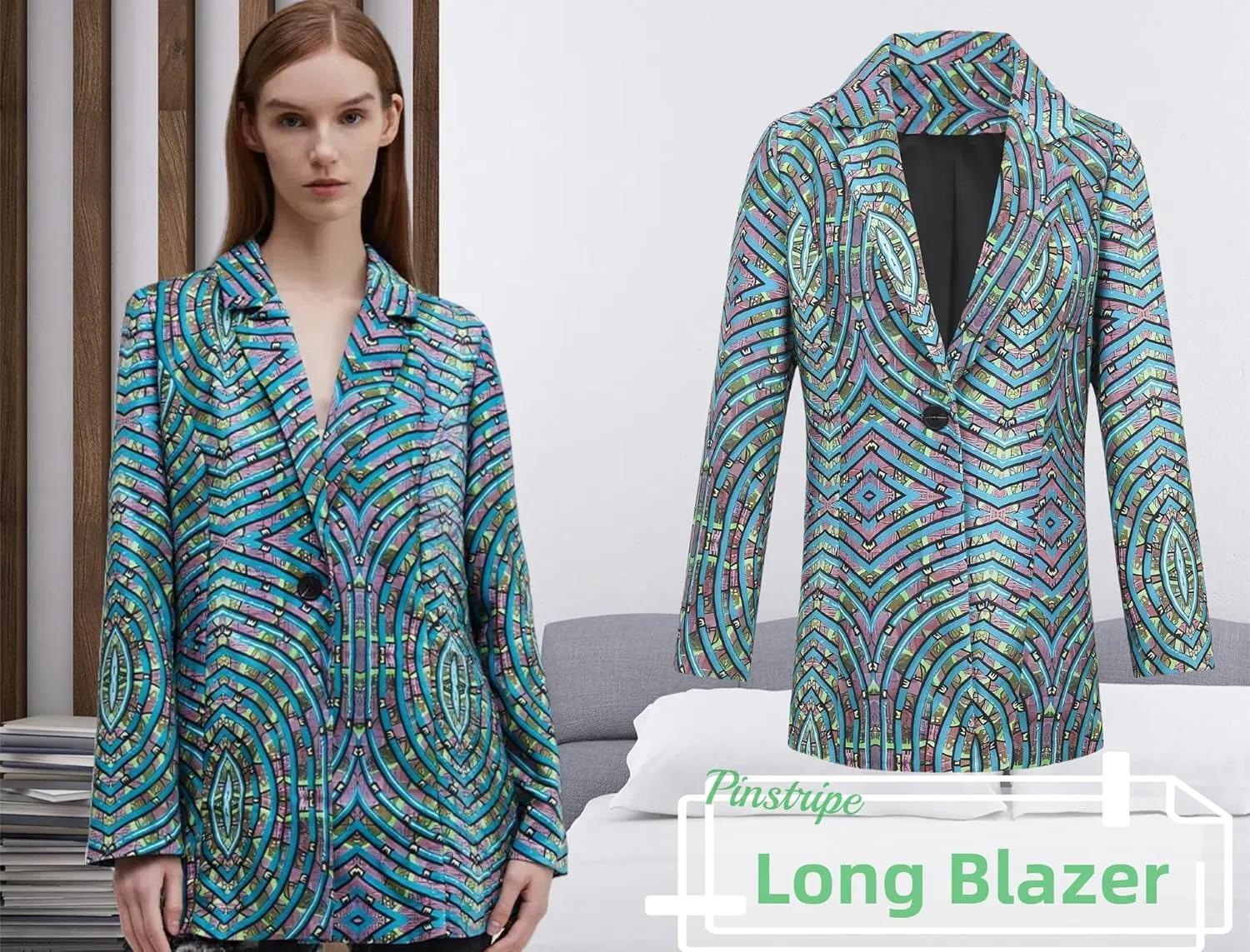 Women Casual Pinstripe Blazers Slim Work Fall Business Long Blazer Jackets Notch Lapel Office Suit Outerwear