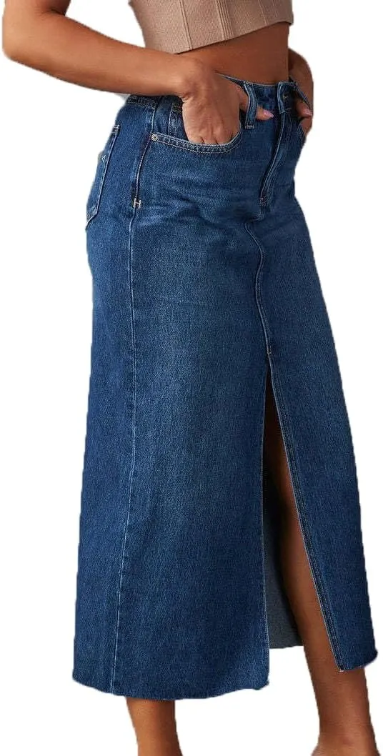Women High Waisted Distressed Bodycon Denim Skirts Trendy Slit A-Line Long Jean Denim Dress Casual Boho Midi Skirt