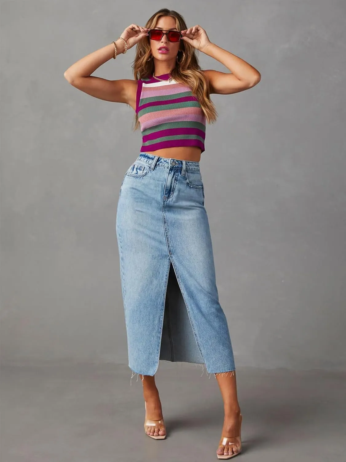 Women High Waisted Distressed Bodycon Denim Skirts Trendy Slit A-Line Long Jean Denim Dress Casual Boho Midi Skirt