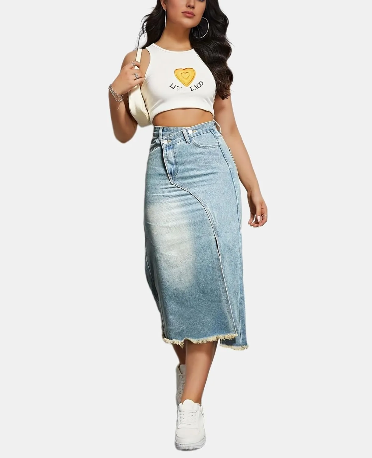 Women High Waisted Distressed Bodycon Denim Skirts Trendy Slit A-Line Long Jean Denim Dress Casual Boho Midi Skirt