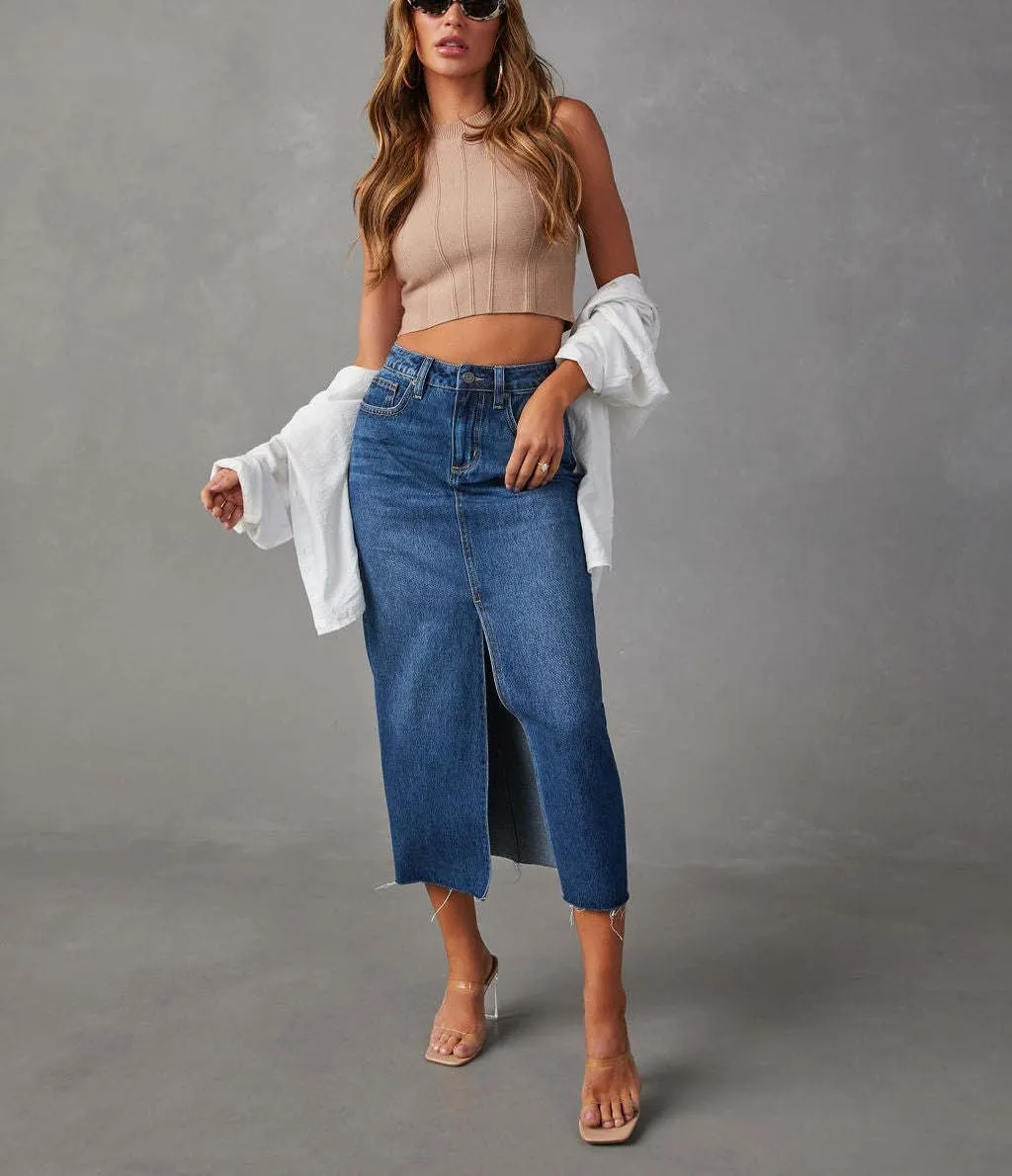 Women High Waisted Distressed Bodycon Denim Skirts Trendy Slit A-Line Long Jean Denim Dress Casual Boho Midi Skirt