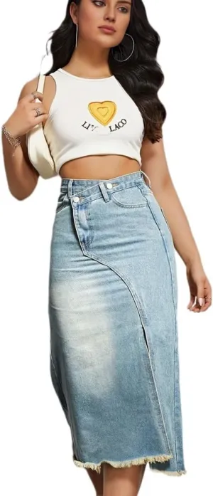 Women High Waisted Distressed Bodycon Denim Skirts Trendy Slit A-Line Long Jean Denim Dress Casual Boho Midi Skirt