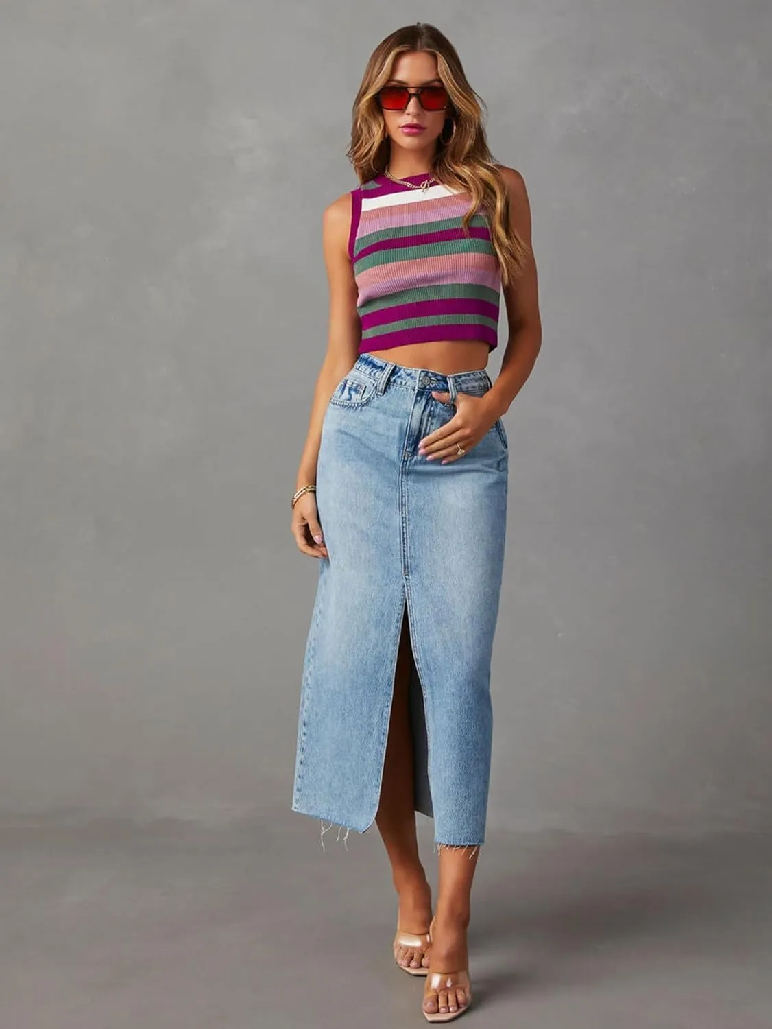 Women High Waisted Distressed Bodycon Denim Skirts Trendy Slit A-Line Long Jean Denim Dress Casual Boho Midi Skirt