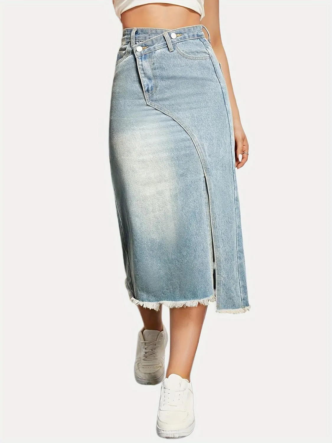 Women High Waisted Distressed Bodycon Denim Skirts Trendy Slit A-Line Long Jean Denim Dress Casual Boho Midi Skirt