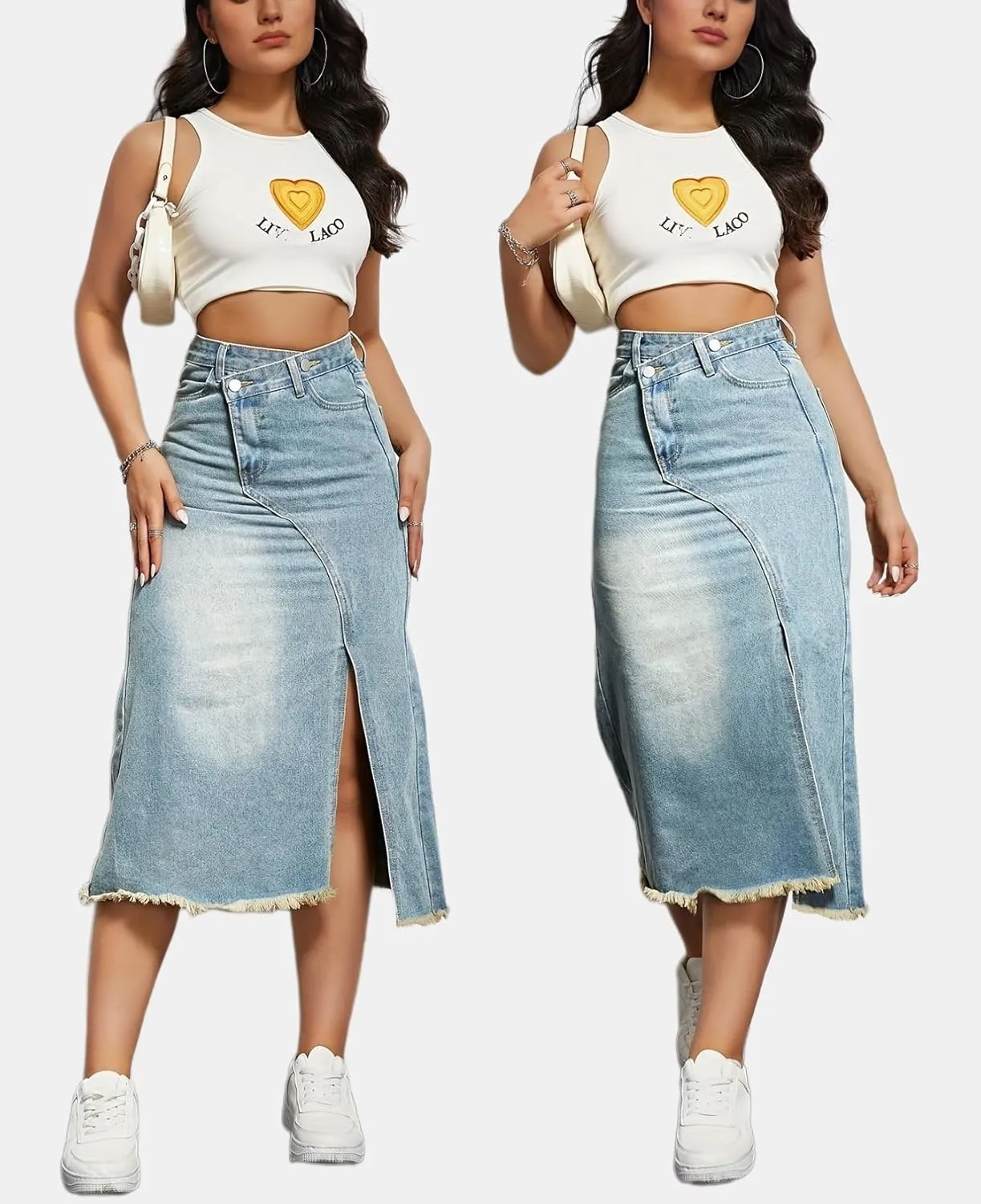 Women High Waisted Distressed Bodycon Denim Skirts Trendy Slit A-Line Long Jean Denim Dress Casual Boho Midi Skirt