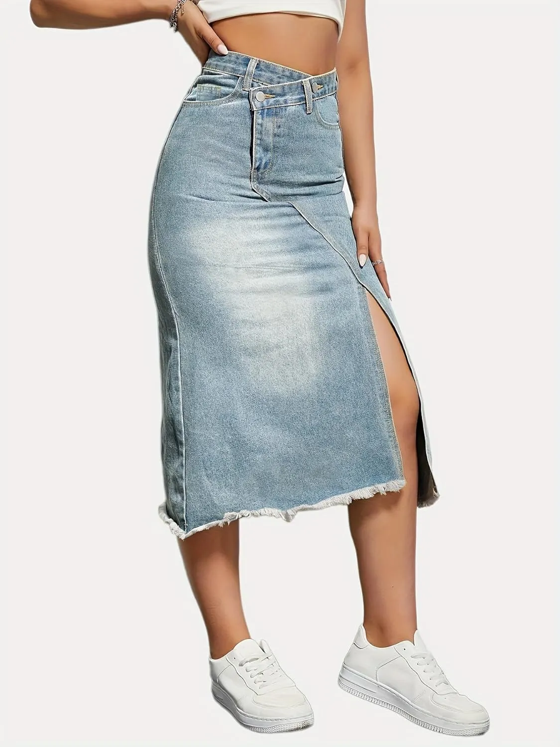 Women High Waisted Distressed Bodycon Denim Skirts Trendy Slit A-Line Long Jean Denim Dress Casual Boho Midi Skirt