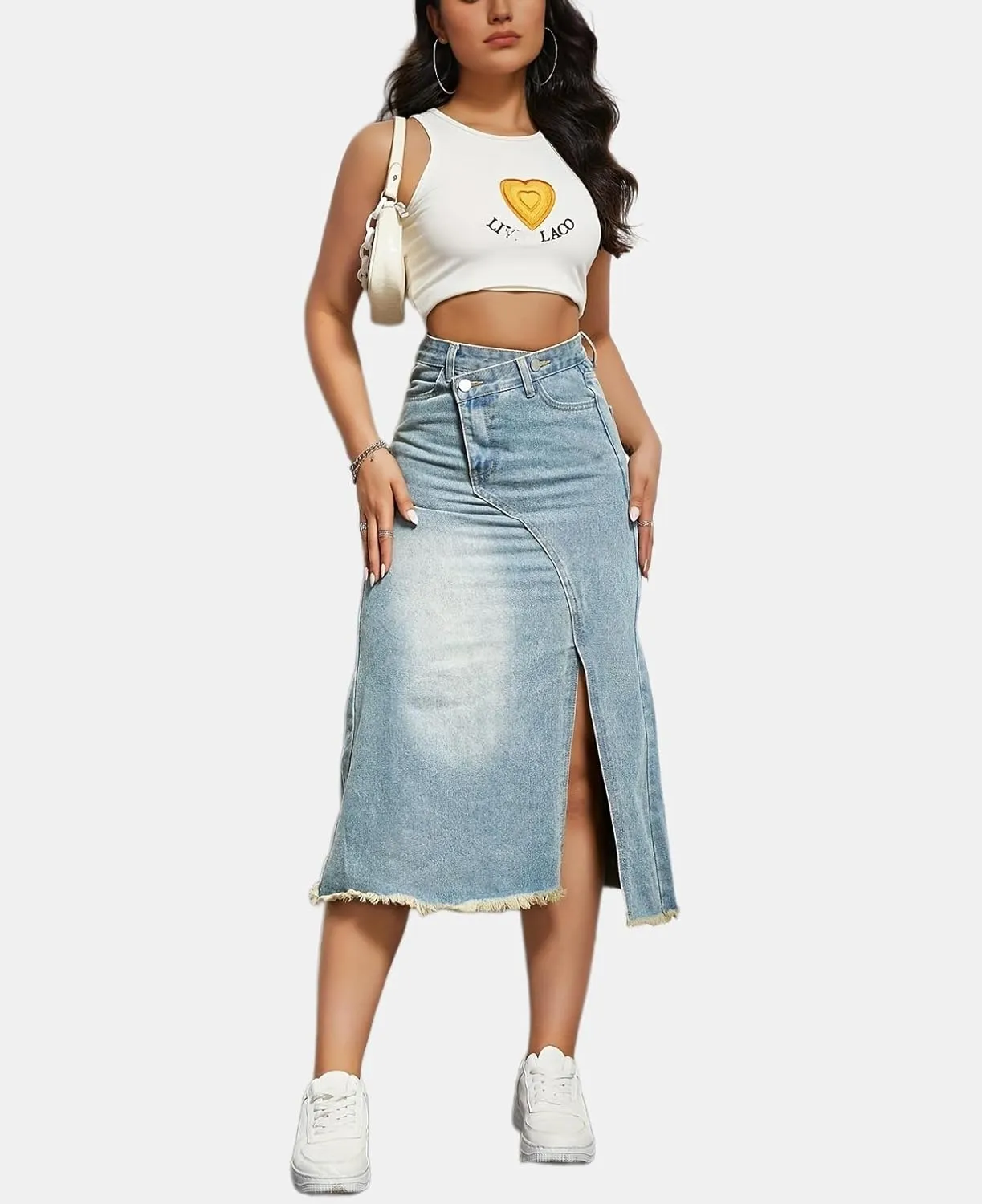 Women High Waisted Distressed Bodycon Denim Skirts Trendy Slit A-Line Long Jean Denim Dress Casual Boho Midi Skirt