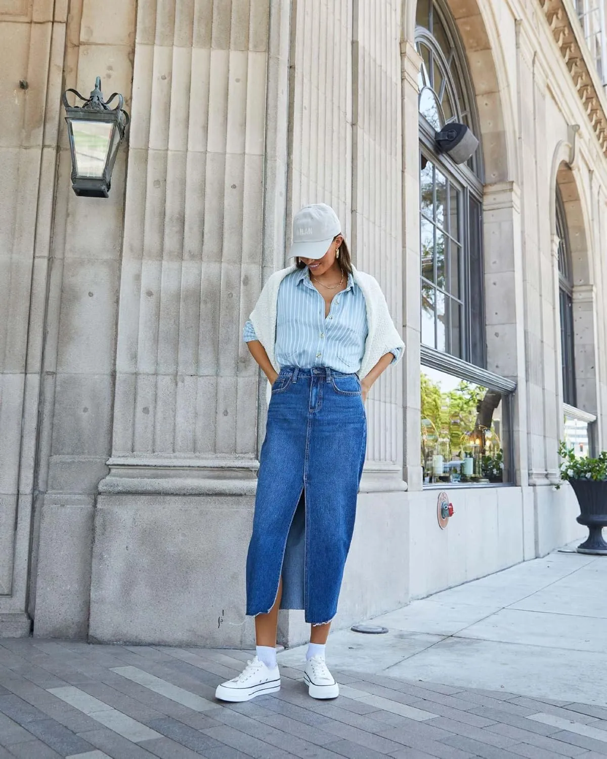 Women High Waisted Distressed Bodycon Denim Skirts Trendy Slit A-Line Long Jean Denim Dress Casual Boho Midi Skirt