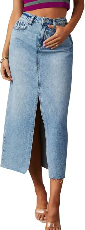 Women High Waisted Distressed Bodycon Denim Skirts Trendy Slit A-Line Long Jean Denim Dress Casual Boho Midi Skirt