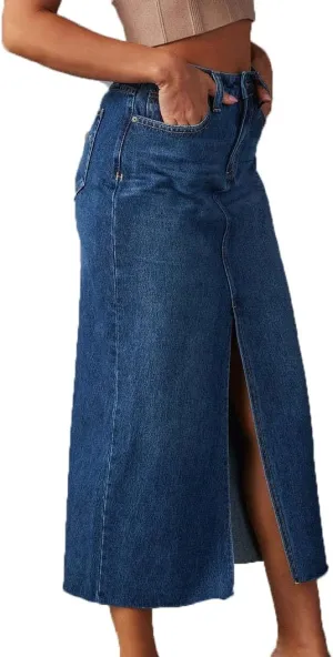 Women High Waisted Distressed Bodycon Denim Skirts Trendy Slit A-Line Long Jean Denim Dress Casual Boho Midi Skirt
