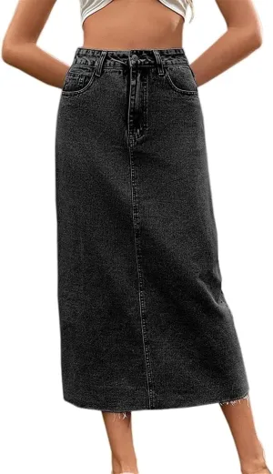Women Long Denim Skirts Trend High Waist Frayed Hem A Line Jeans Dress Casual Fascinating Slim Fit Pencil Skirts