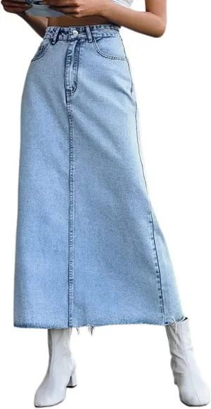 Women Long Denim Skirts Trend High Waist Frayed Hem A Line Jeans Dress Casual Fascinating Slim Fit Pencil Skirts