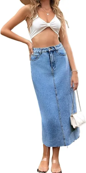 Women Long Denim Skirts Trend High Waist Frayed Hem A Line Jeans Dress Casual Fascinating Slim Fit Pencil Skirts