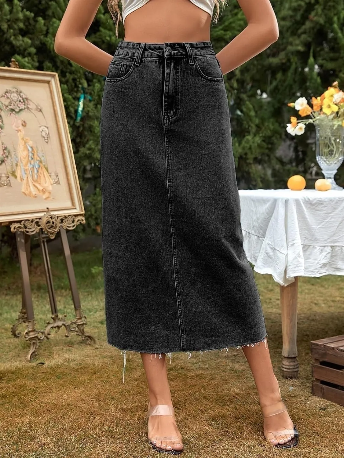 Women Long Denim Skirts Trend High Waist Frayed Hem A Line Jeans Dress Casual Fascinating Slim Fit Pencil Skirts