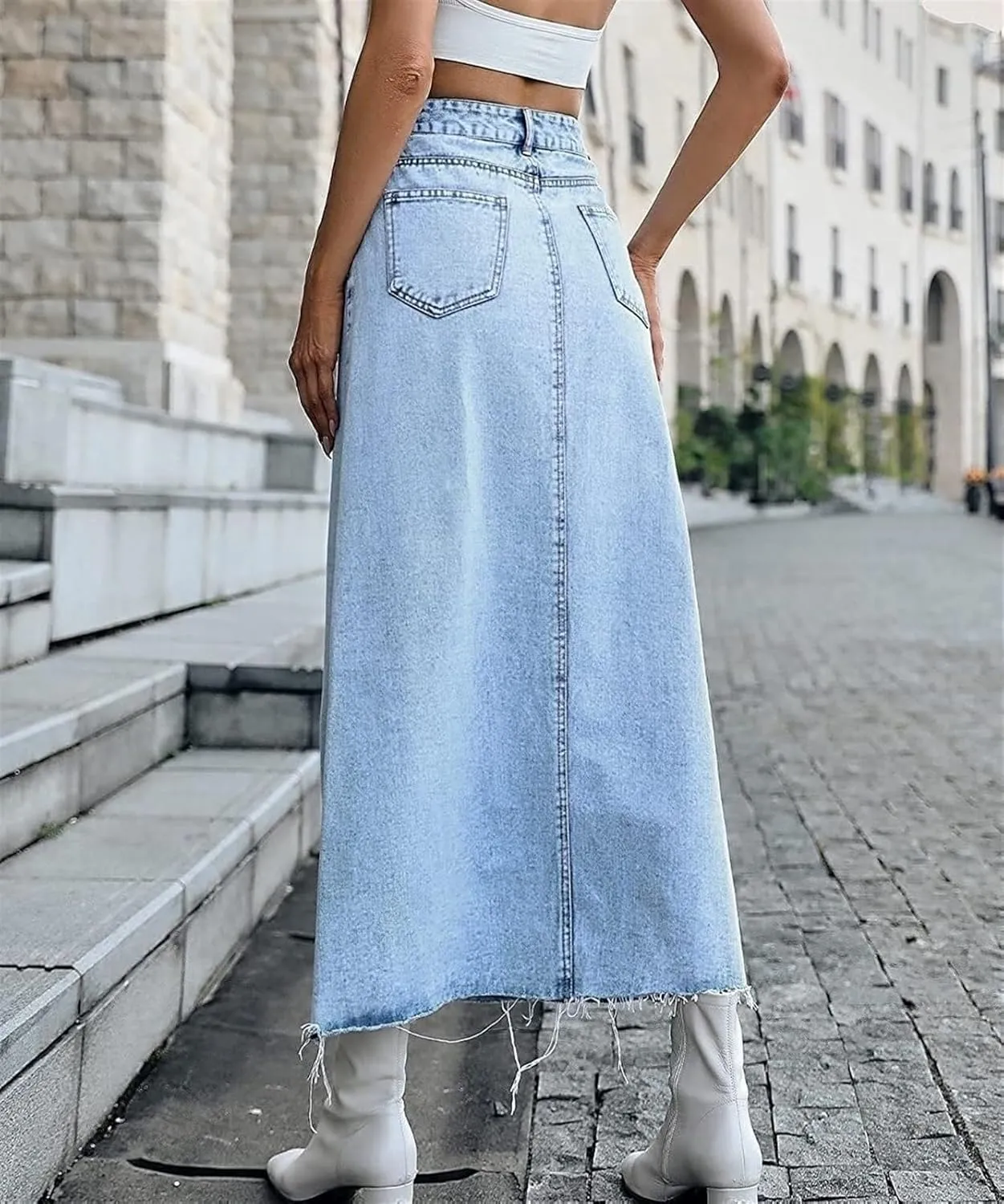 Women Long Denim Skirts Trend High Waist Frayed Hem A Line Jeans Dress Casual Fascinating Slim Fit Pencil Skirts