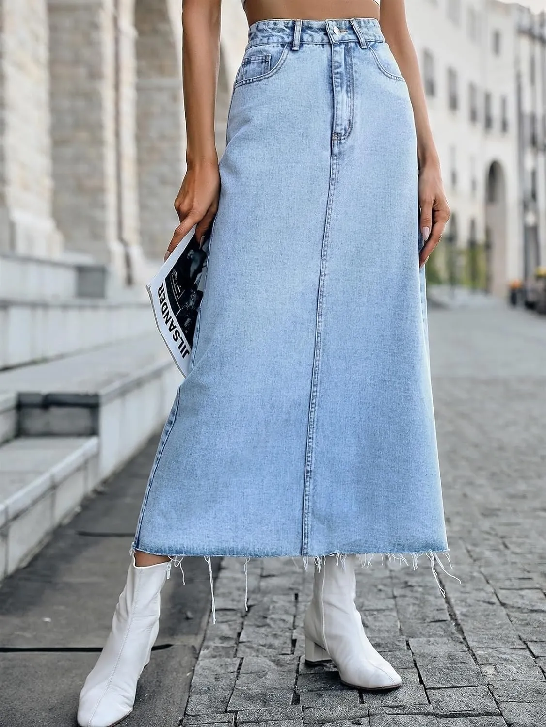 Women Long Denim Skirts Trend High Waist Frayed Hem A Line Jeans Dress Casual Fascinating Slim Fit Pencil Skirts