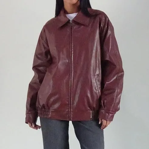 Women Oversized Leather Jackets Faux Trendy Fall Zip Up Motorcycle Jacket 2024 Fall Winter PU Bomber Coat Outerwear