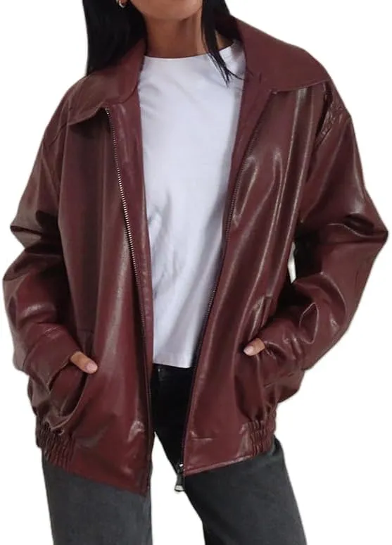 Women Oversized Leather Jackets Faux Trendy Fall Zip Up Motorcycle Jacket 2024 Fall Winter PU Bomber Coat Outerwear