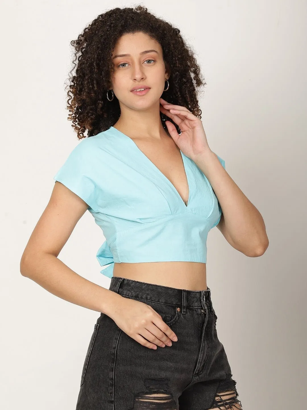 Women Pure Cotton Crop Top With Styled Back Knot