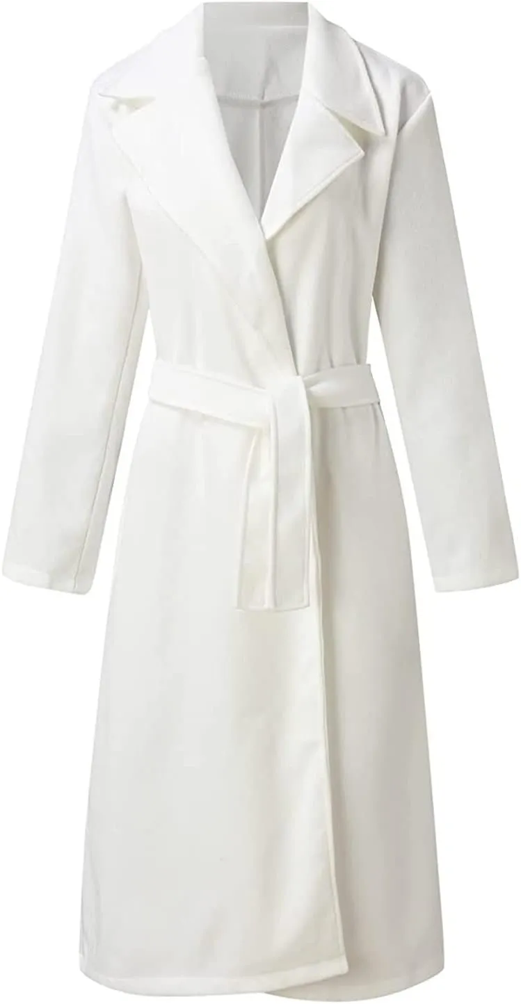 Women Winter Wool Blend Belted Long Pea Coats Notch Lapel Trench Coat Open Front Jacket Cardigan Outwear Overcoat
