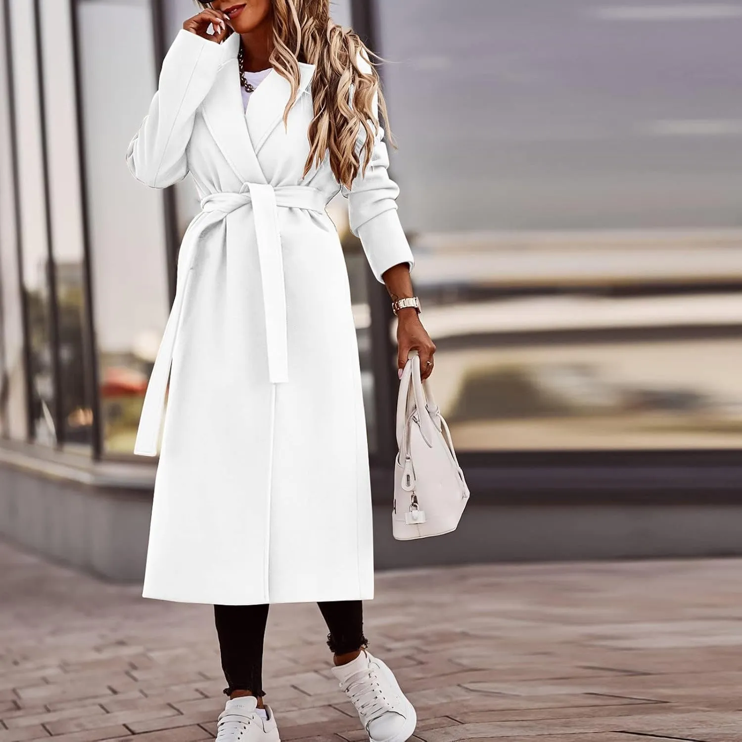 Women Winter Wool Blend Belted Long Pea Coats Notch Lapel Trench Coat Open Front Jacket Cardigan Outwear Overcoat