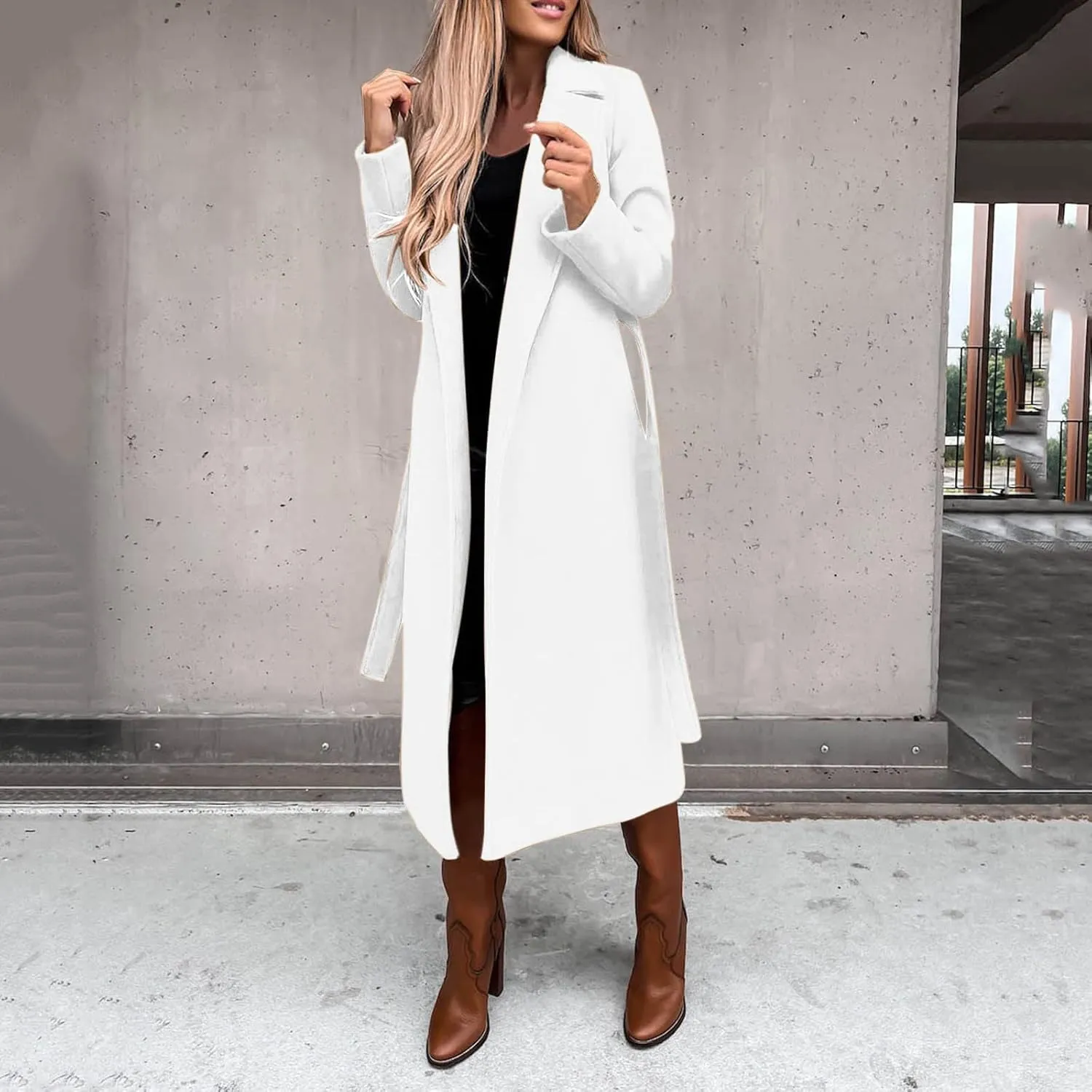Women Winter Wool Blend Belted Long Pea Coats Notch Lapel Trench Coat Open Front Jacket Cardigan Outwear Overcoat