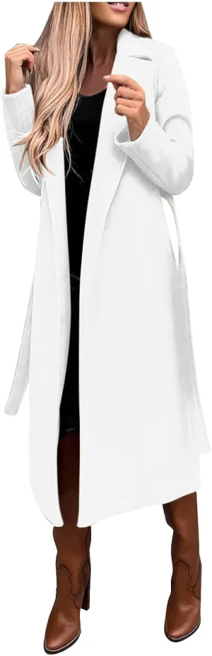Women Winter Wool Blend Belted Long Pea Coats Notch Lapel Trench Coat Open Front Jacket Cardigan Outwear Overcoat
