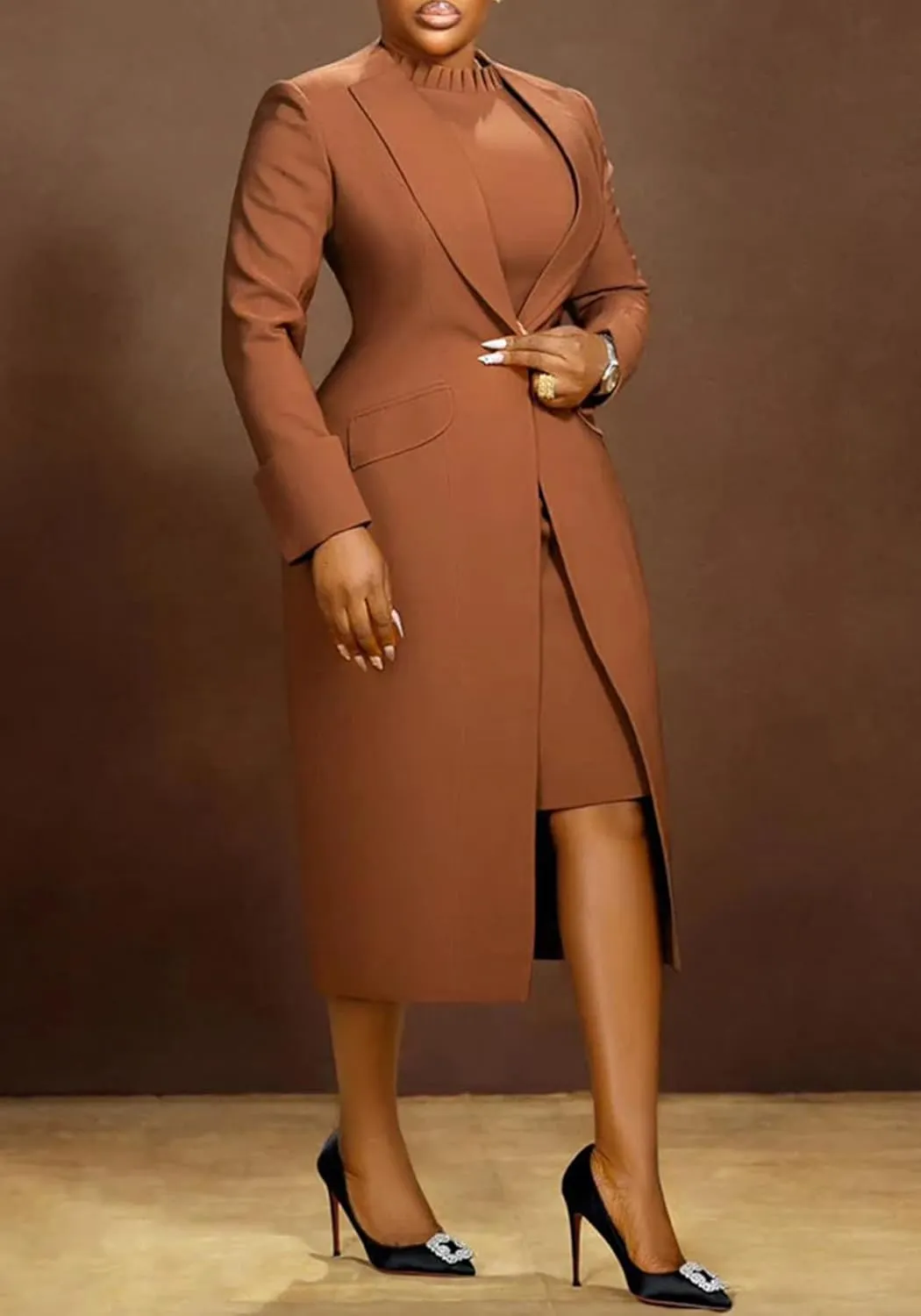 Women's 2 Piece Blazer Dress Sets Open Front Blazers and Elegant A Line Midi Slim Fit Dresses