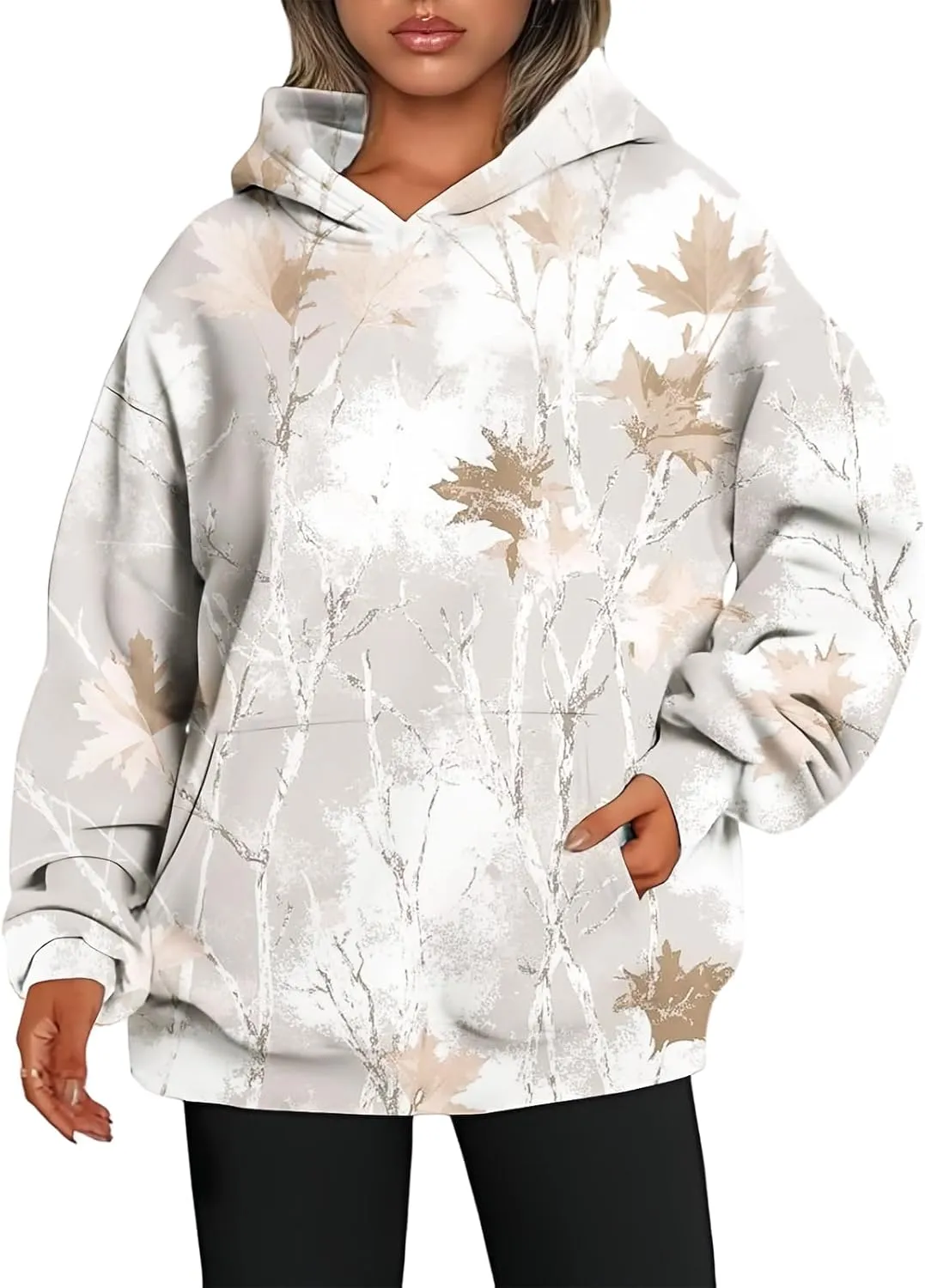 Womens Camo Hoodie Oversized Hooded Sweatshirt Long Sleeve Sweatshirts Leaf Print Hoodie Casual Pullover