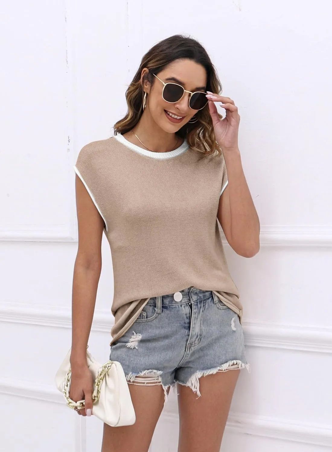 Womens Cap Sleeve Sweater Vest Summer Tops Sleeveless Tank 2025 Trendy Spring Clothes Striped Short Sleeve Shirts