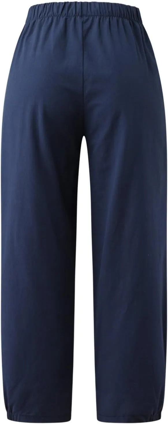 Womens Capri Linen Pants Casual Cropped Baggy Trousers Elastic Waisted Yoga Comfy Loose Palazzo Lounge Pants