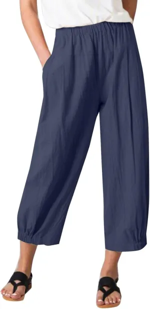 Womens Capri Linen Pants Casual Cropped Baggy Trousers Elastic Waisted Yoga Comfy Loose Palazzo Lounge Pants