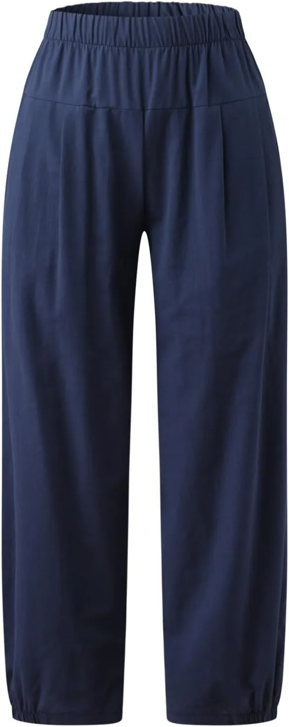 Womens Capri Linen Pants Casual Cropped Baggy Trousers Elastic Waisted Yoga Comfy Loose Palazzo Lounge Pants