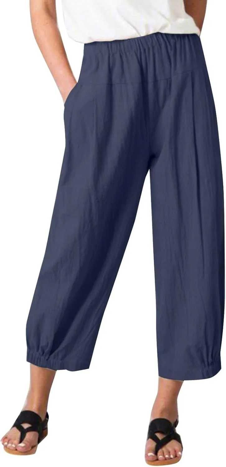 Womens Capri Linen Pants Casual Cropped Baggy Trousers Elastic Waisted Yoga Comfy Loose Palazzo Lounge Pants