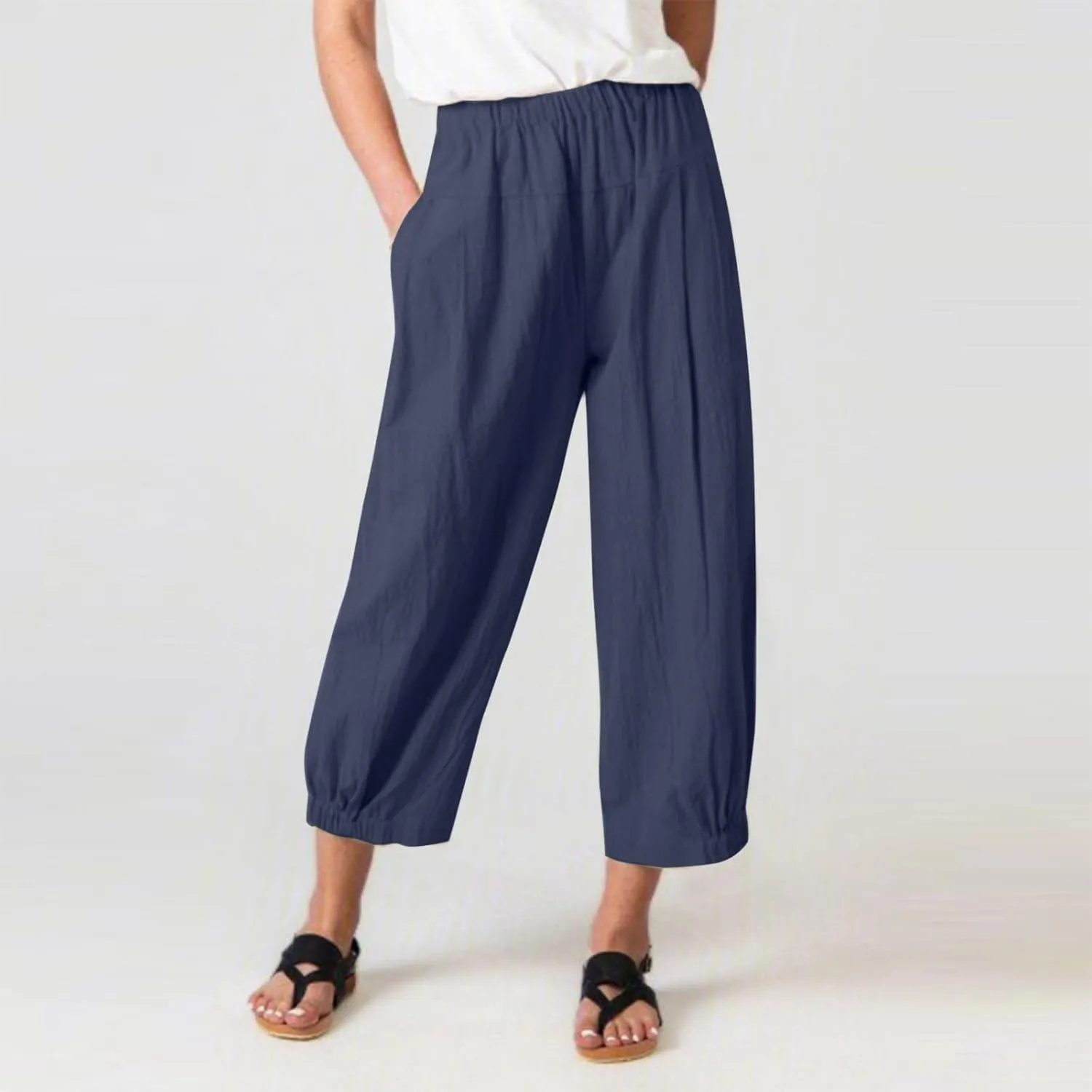 Womens Capri Linen Pants Casual Cropped Baggy Trousers Elastic Waisted Yoga Comfy Loose Palazzo Lounge Pants
