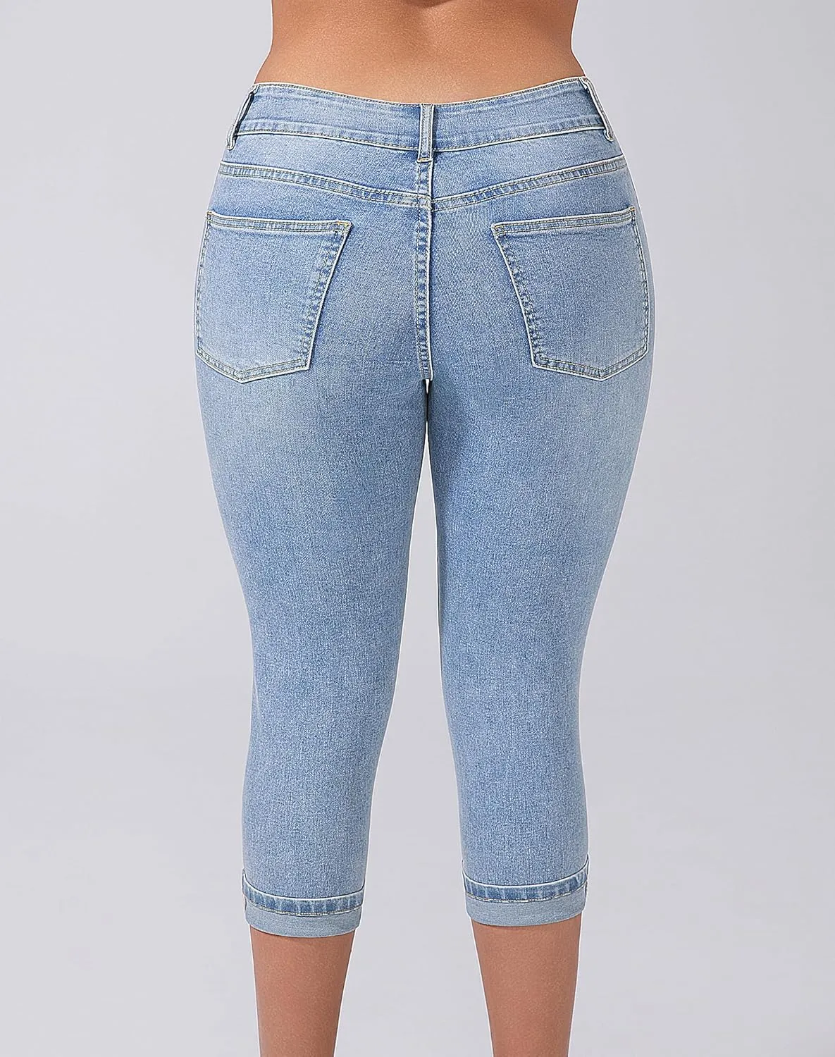Women's Capri Pants Skinny Stretchy Ripped High Waisted Cuffed Denim Jeans