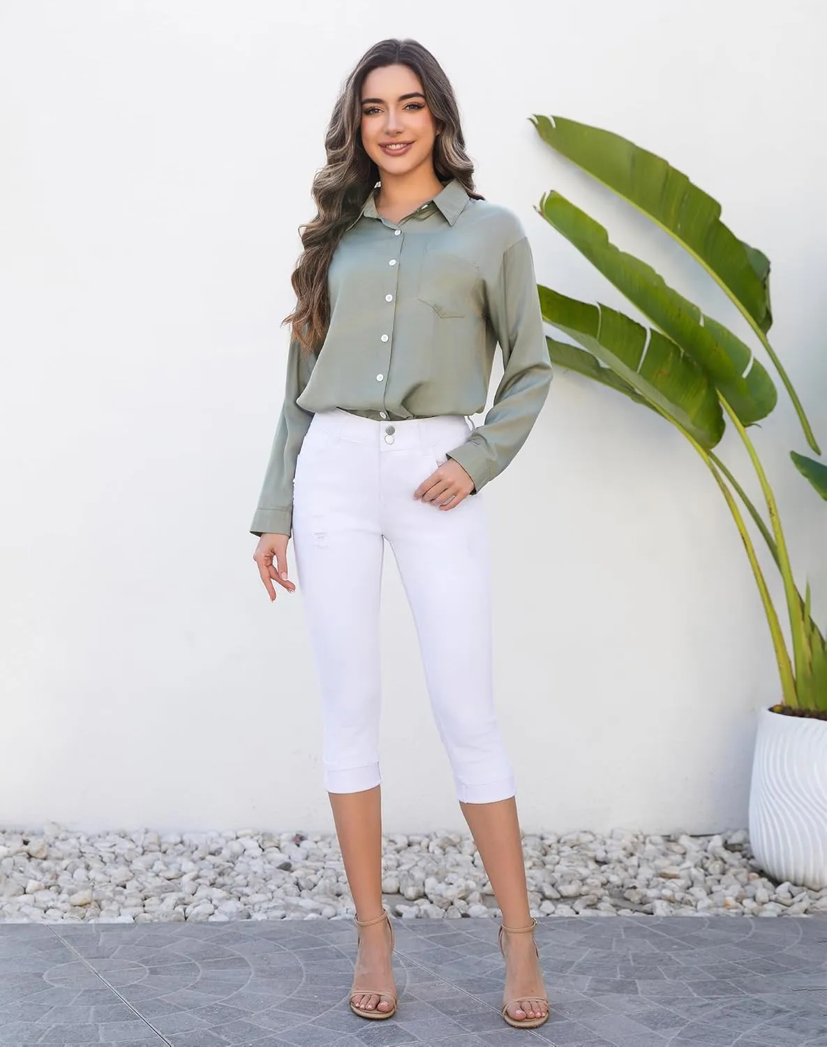 Women's Capri Pants Skinny Stretchy Ripped High Waisted Cuffed Denim Jeans