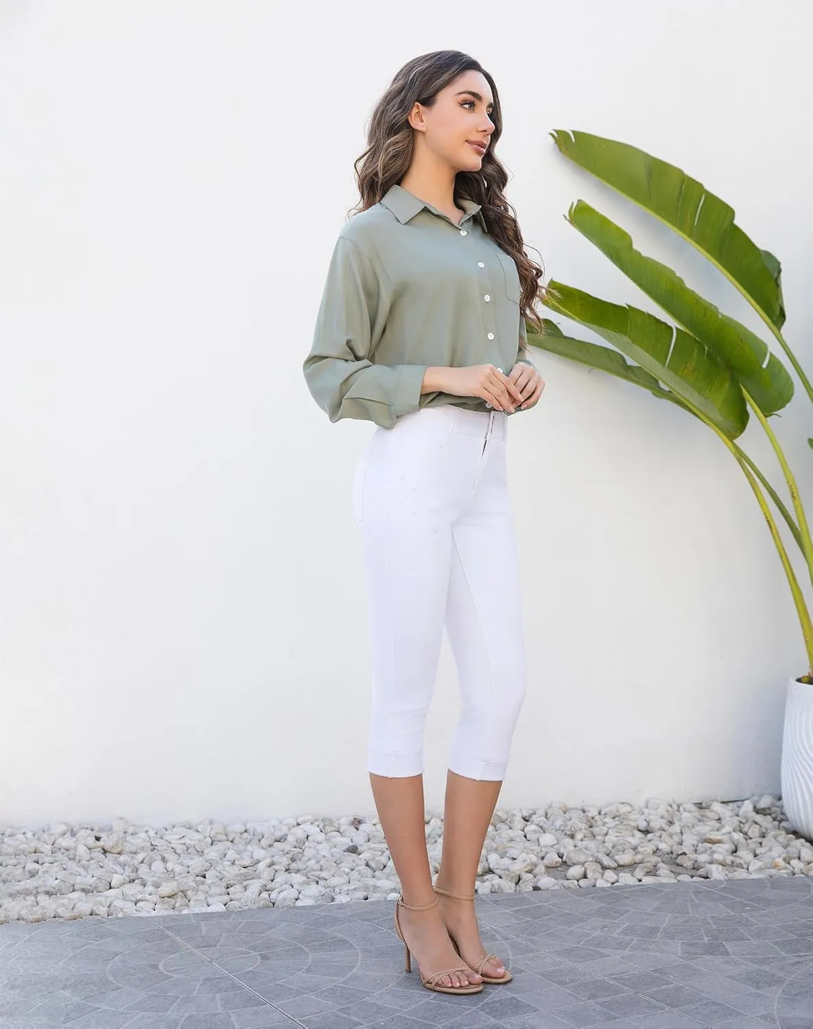Women's Capri Pants Skinny Stretchy Ripped High Waisted Cuffed Denim Jeans