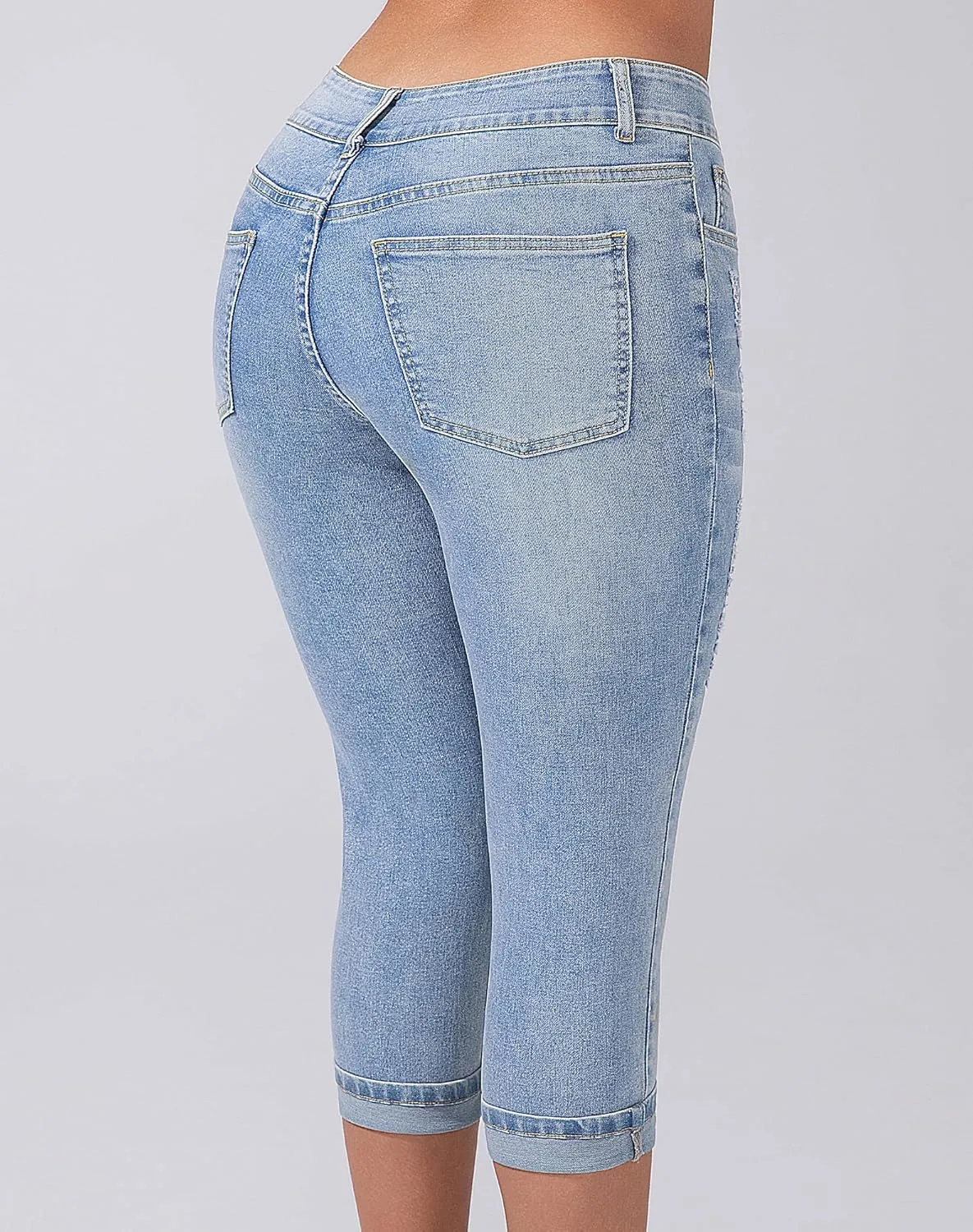 Women's Capri Pants Skinny Stretchy Ripped High Waisted Cuffed Denim Jeans
