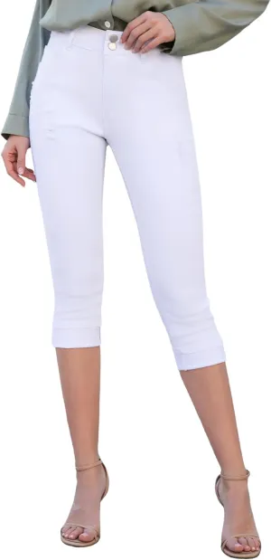 Women's Capri Pants Skinny Stretchy Ripped High Waisted Cuffed Denim Jeans