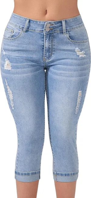 Women's Capri Pants Skinny Stretchy Ripped High Waisted Cuffed Denim Jeans
