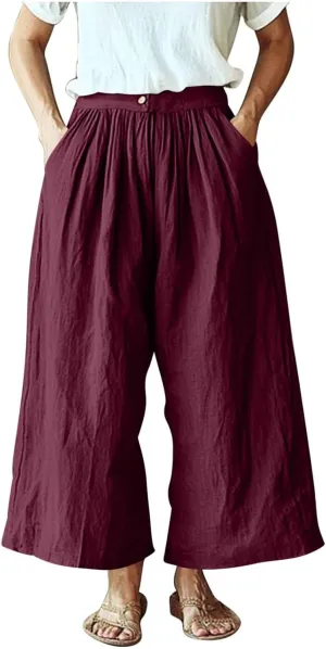 Womens Capri Pants with Pockets 2025 Summer Casual Wide Leg Trousers Cotton Linen Loose Lightweight Beach Pants Light Blue 2X