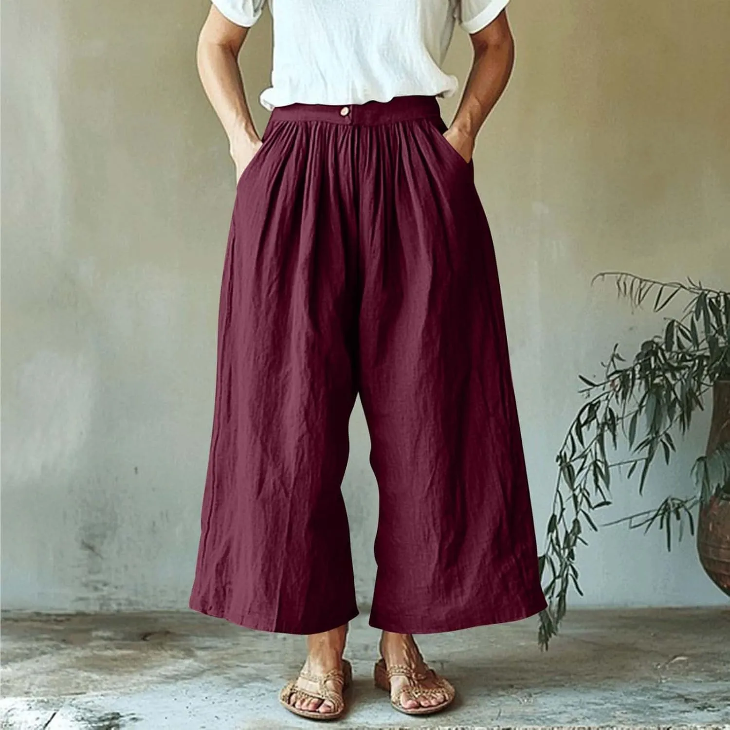 Womens Capri Pants with Pockets 2025 Summer Casual Wide Leg Trousers Cotton Linen Loose Lightweight Beach Pants Light Blue 2X