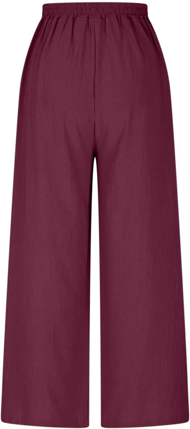 Womens Capri Pants with Pockets 2025 Summer Casual Wide Leg Trousers Cotton Linen Loose Lightweight Beach Pants Light Blue 2X
