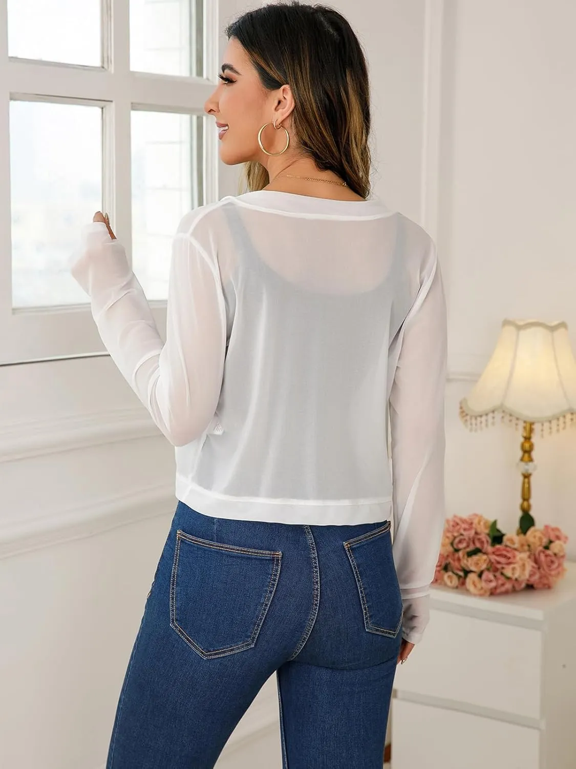 Women's Cardigan Shrug Mesh Long Sleeve Tulle Shawl Top with Sun Protection