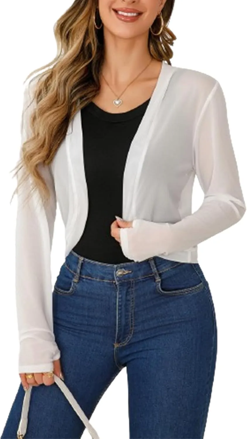 Women's Cardigan Shrug Mesh Long Sleeve Tulle Shawl Top with Sun Protection