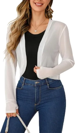 Women's Cardigan Shrug Mesh Long Sleeve Tulle Shawl Top with Sun Protection