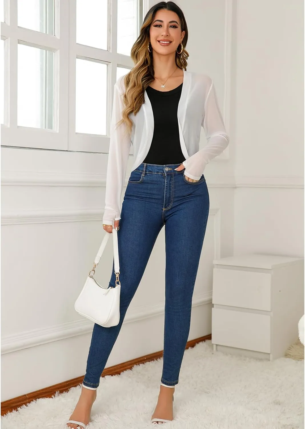 Women's Cardigan Shrug Mesh Long Sleeve Tulle Shawl Top with Sun Protection