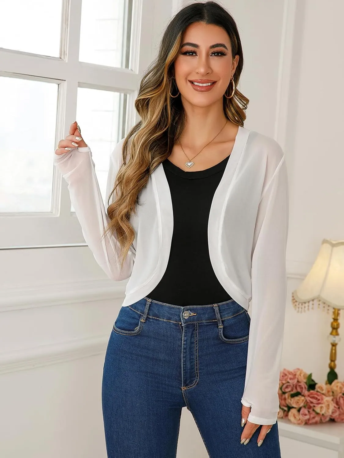 Women's Cardigan Shrug Mesh Long Sleeve Tulle Shawl Top with Sun Protection